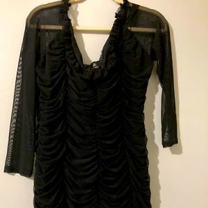 Sexy black ruched bodycon dress with sheer sleeves